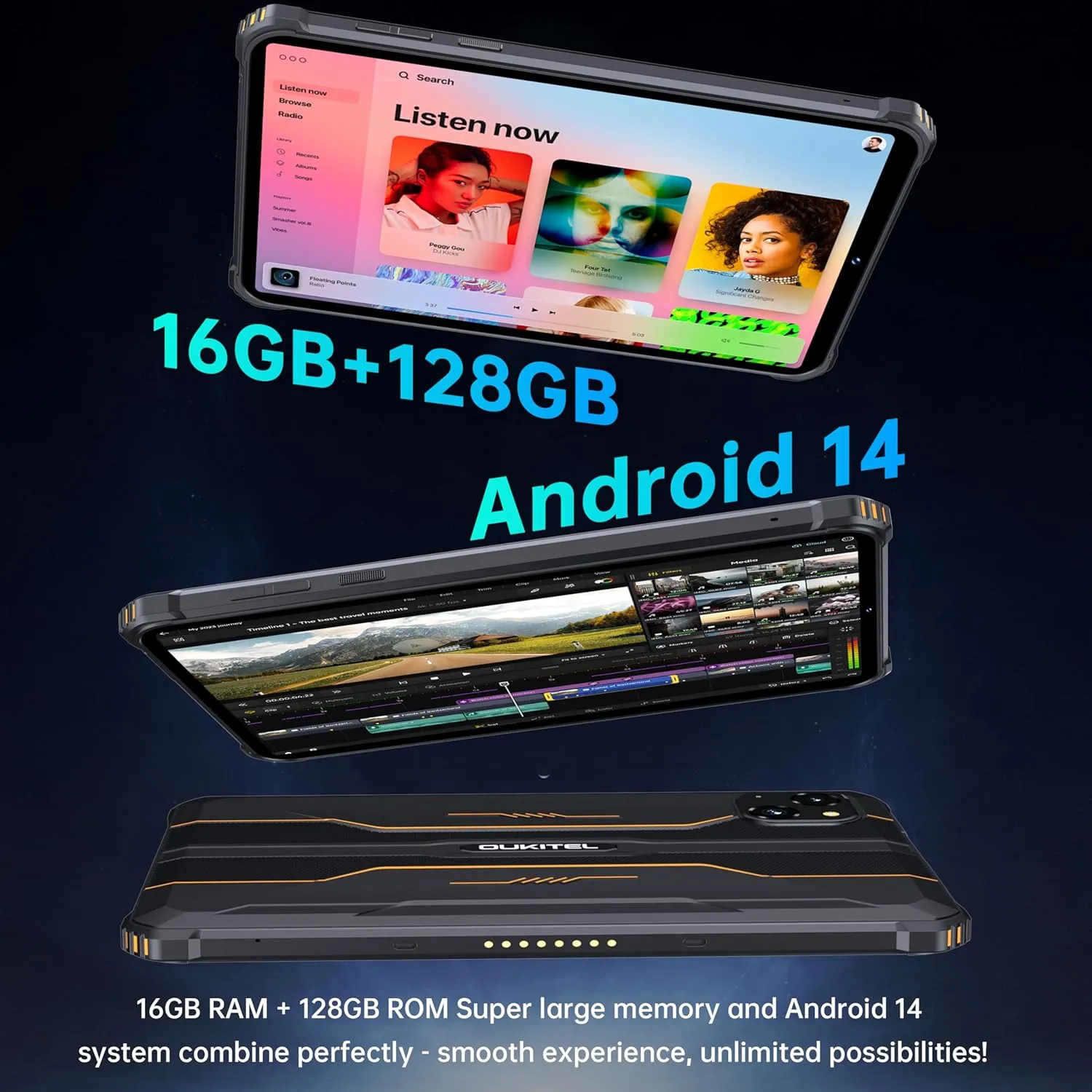 OUKITEL RT3 Pro Rugged Tablet - 16GB 128GB 1TB Expandable Industrial Android 14 Tablet, 8 Inch HD Display, 5150mAh Battery Tablets PC, 16 8MP Camera,4G Dual SIM/5G WiFi/Face ID/90dB Speaker/NFC, Black