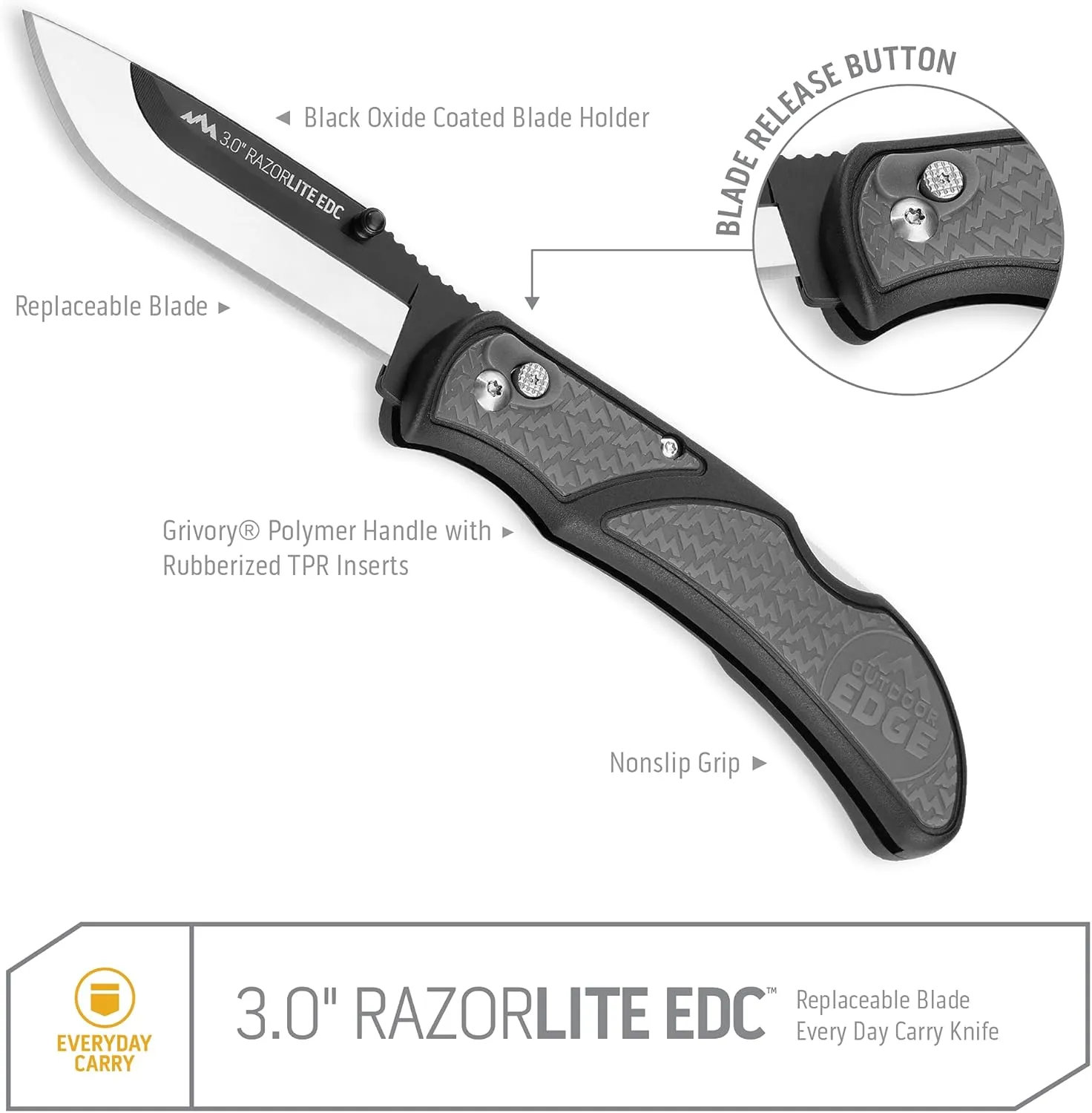 OUTDOOR EDGE 3.0" RazorLite EDC - Replaceable Blade EDC Folding Knife with Pocket Clip and One Hand Opening for Everyday Carry (Gray, 4 Blades)