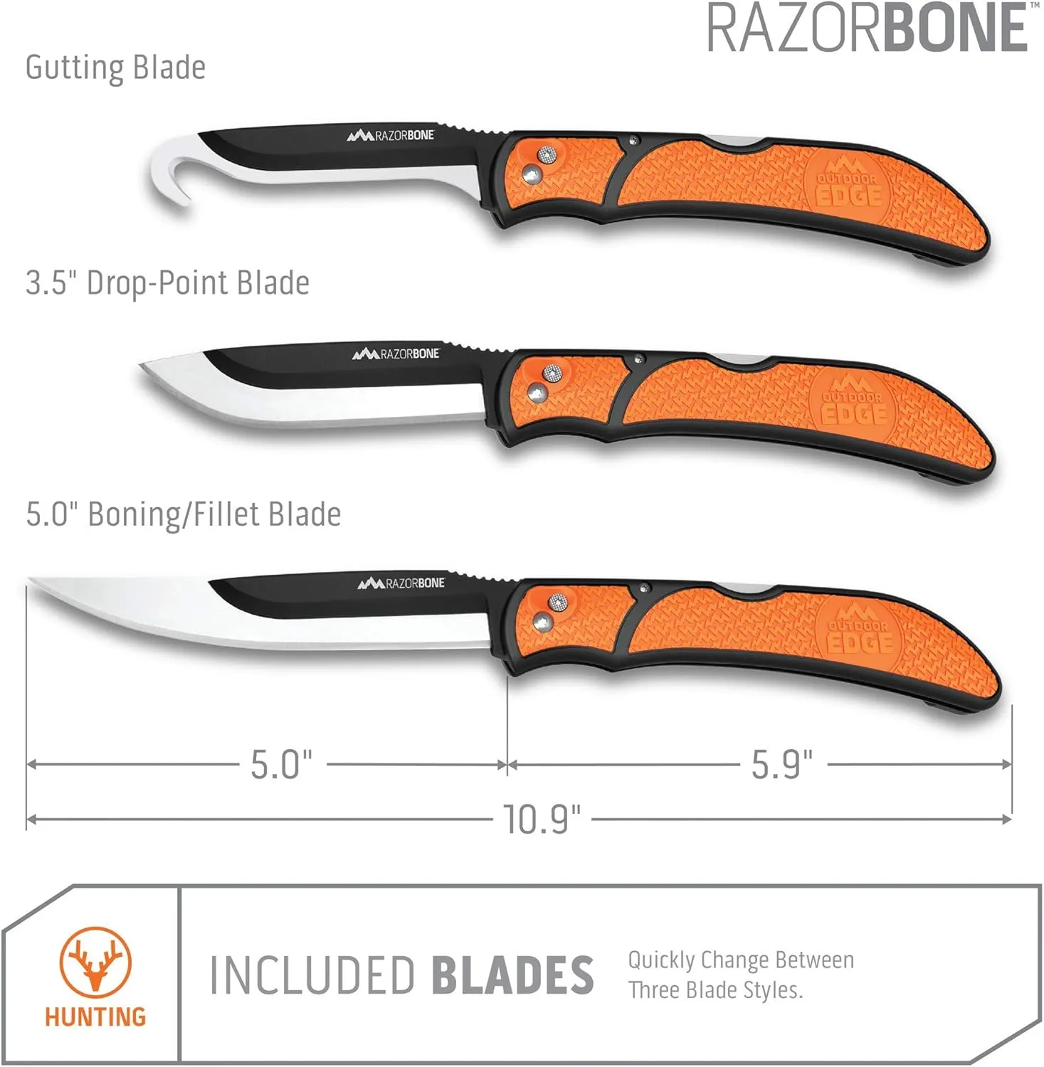 OUTDOOR EDGE RazorBone Replaceable Blade Folding Hunting Knife with Clip & Sheath, 3 Butcher Knife Blade Styles - Boning, Gutting, & Skinning Knives. Blaze Orange, Camo Sheath, 6 Blades & Blade Box