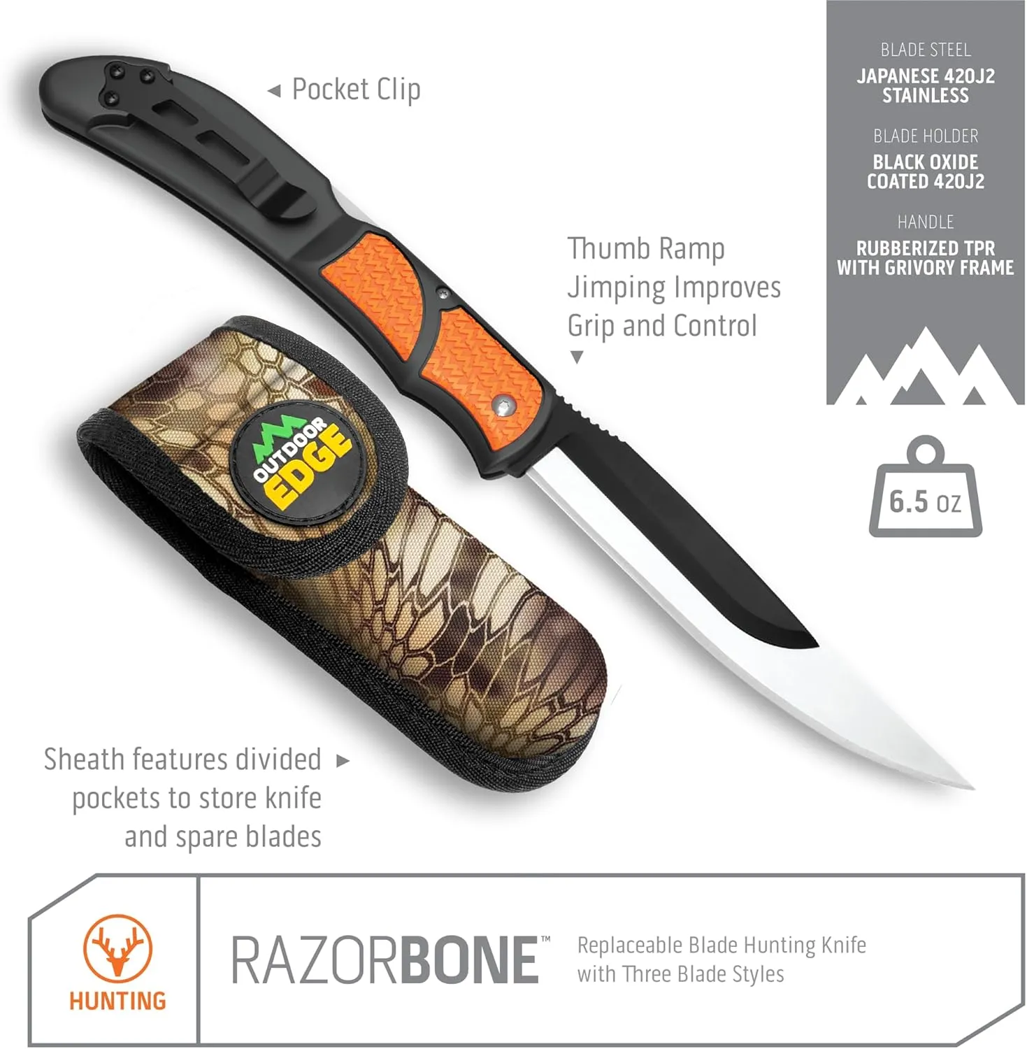OUTDOOR EDGE RazorBone Replaceable Blade Folding Hunting Knife with Clip & Sheath, 3 Butcher Knife Blade Styles - Boning, Gutting, & Skinning Knives. Blaze Orange, Camo Sheath, 6 Blades & Blade Box