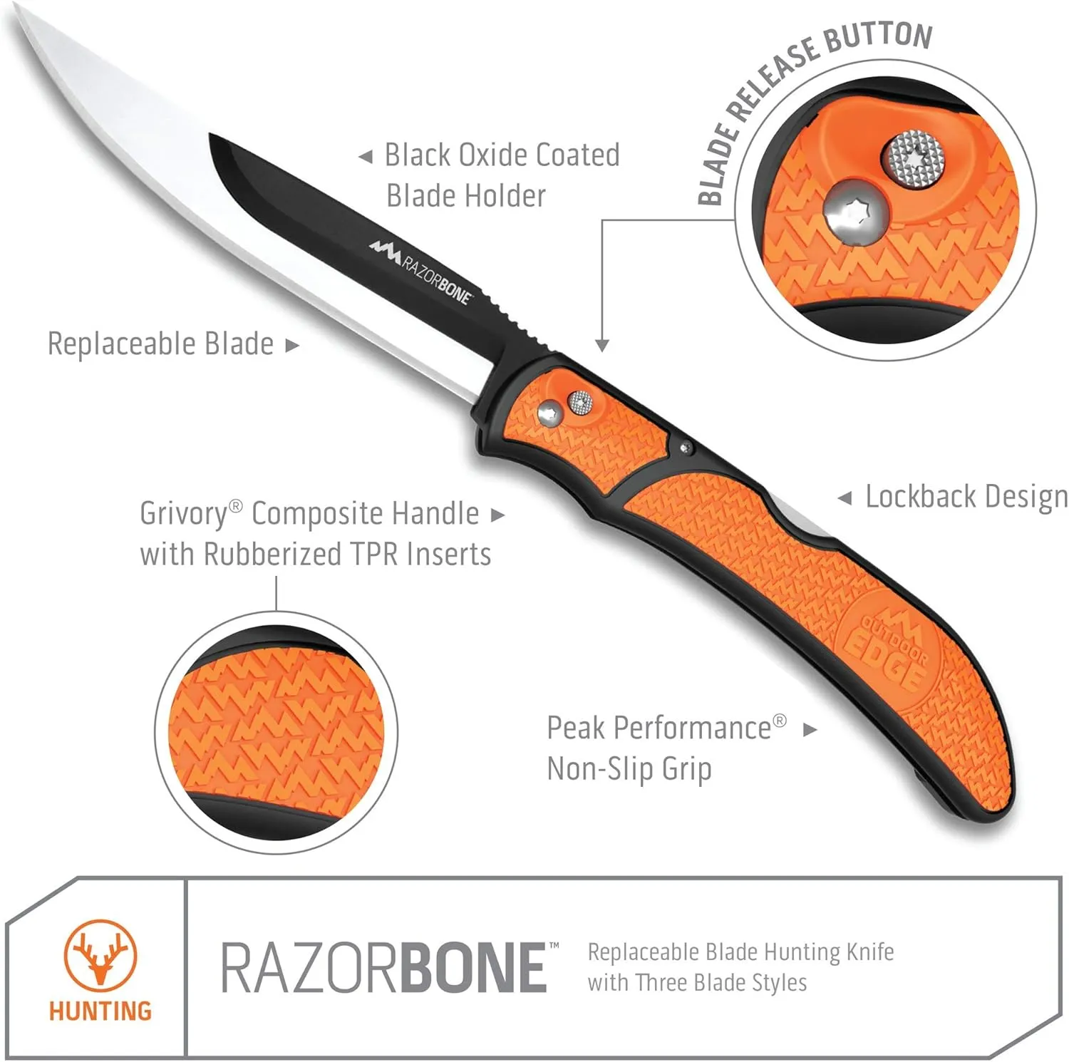 OUTDOOR EDGE RazorBone Replaceable Blade Folding Hunting Knife with Clip & Sheath, 3 Butcher Knife Blade Styles - Boning, Gutting, & Skinning Knives. Blaze Orange, Camo Sheath, 6 Blades & Blade Box