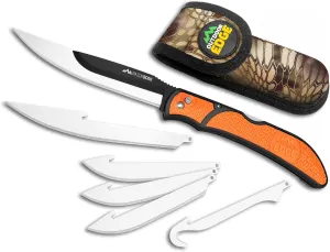 OUTDOOR EDGE RazorBone Replaceable Blade Folding Hunting Knife with Clip & Sheath, 3 Butcher Knife Blade Styles - Boning, Gutting, & Skinning Knives. Blaze Orange, Camo Sheath, 6 Blades & Blade Box