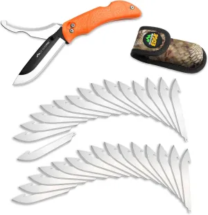 OUTDOOR EDGE RazorPro Double Blade Folding Hunting Knife - Field Butcher Knife with Replaceable RazorSafe & Gutting Blades, Orange Non-Slip Handle, Camo Holster, & 30 Blades. Must-Have Hunting Gear