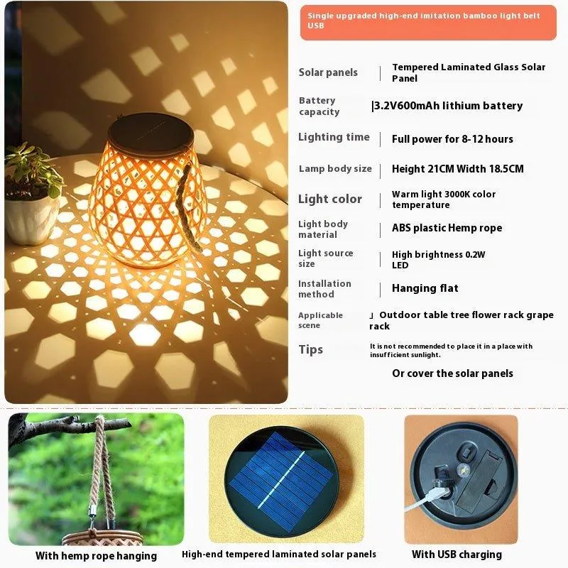 Outdoor Solar Lantern Lights Bamboo Weaving Hollowed Table Lamp Decoration