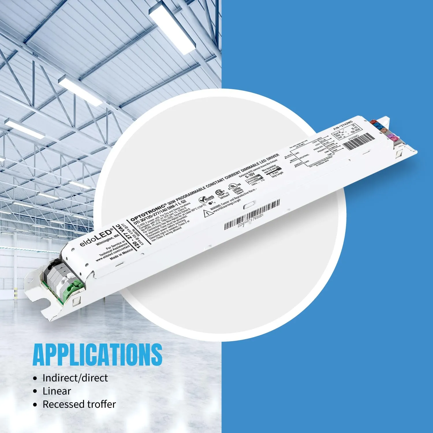 Pack of 10 - eldoLED *2743WG OPTOTRONIC 30W Constant Current 0-10V Dimmable LED Driver, Programmable Linear OTi 30/120-277/1A0 DIM-1 L G2 - Replacement/Compatible with Osram 57433