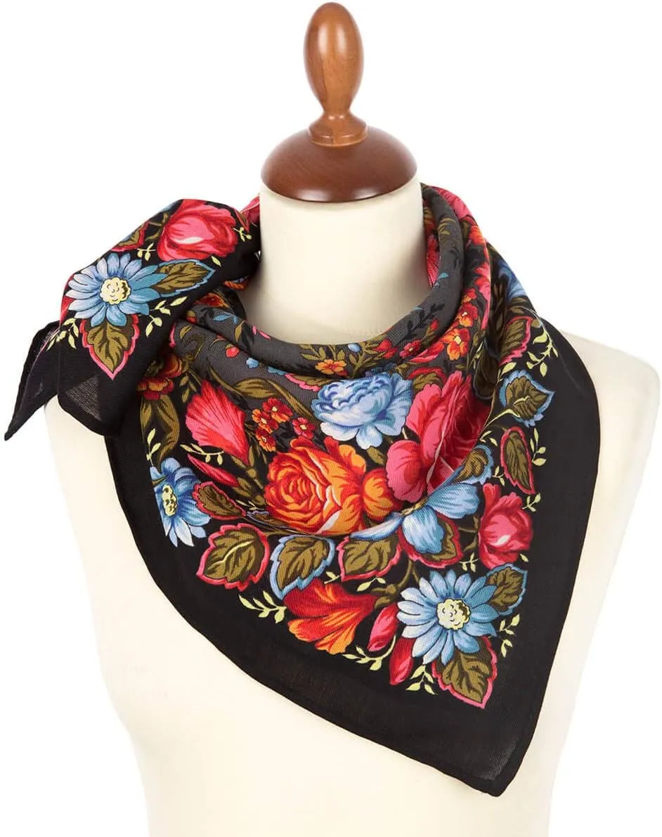 Pavlovo Posad Wool Shawl for Women 28.3x28.3'' (72x72 cm) 100% Wool Scarf for Women, Floral Wrap, Fashion Scarves