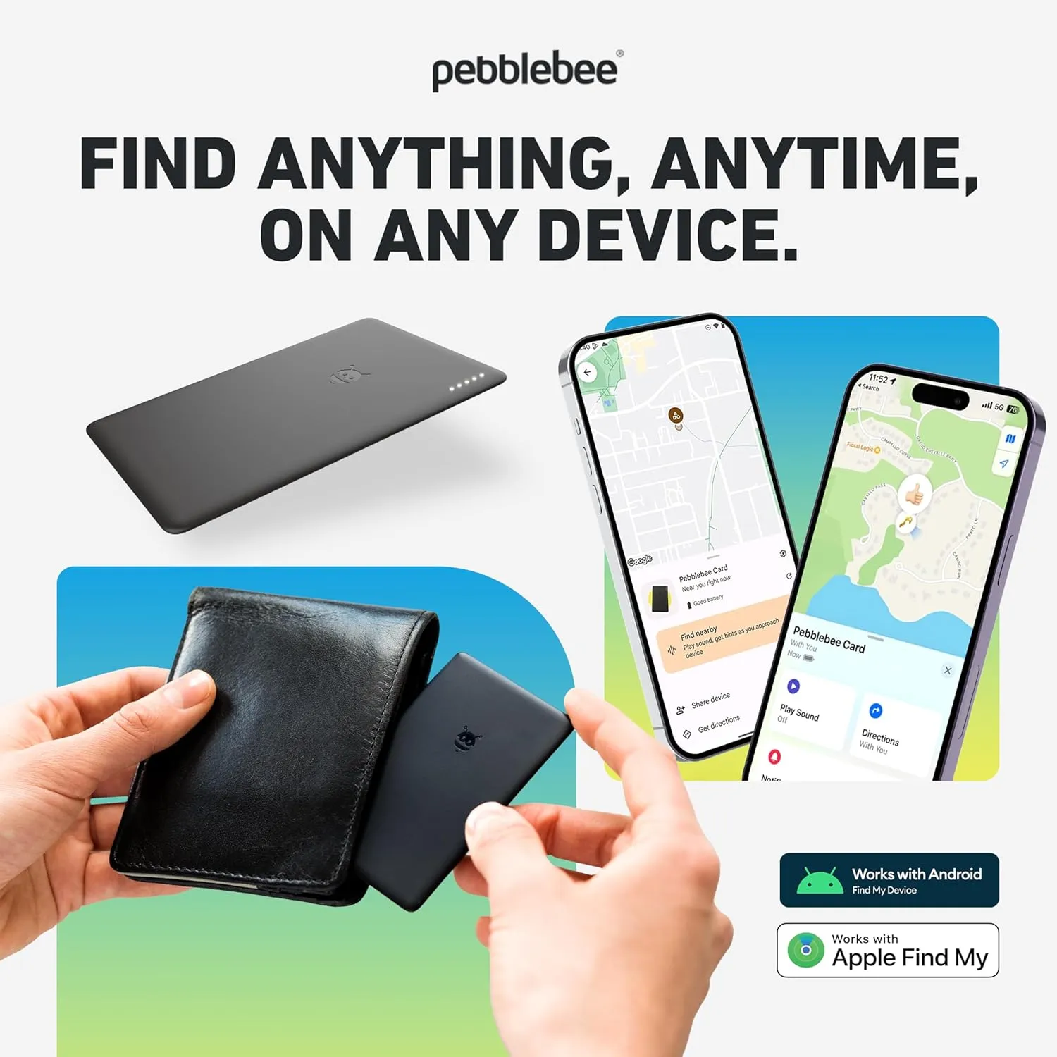Pebblebee Tracker Card Universal - Rechargeable Slim Item Tracker | Alternative to Air Tag & Android Trackers | 18-Month Battery Life | Works with Both Android & iOS Find My Apps | LED & Sound Alerts