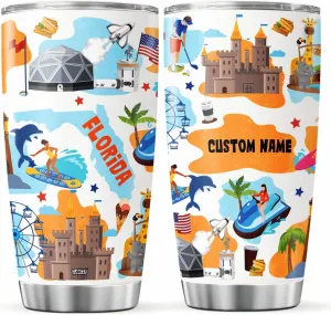 Personalized Tumbler Florida State Insulated Cup With Lid Customized Name Christmas Gifts For Women Adults Stainless Steel Tumblers Travel Coffee Mug Birthday Accessories