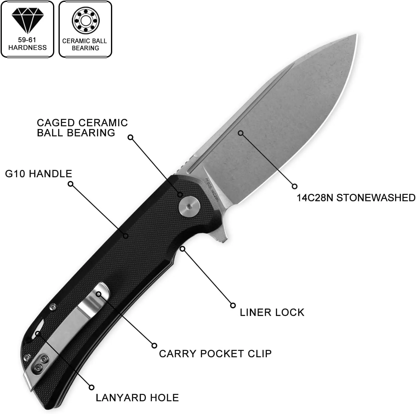 Petrified fish PFB05 Tunny Folding Knife,3.86" 14C28N Steel Stonewashed Blade G10 Handle Folding knife for EDC Camping Outdoor (Black Stonewashed)