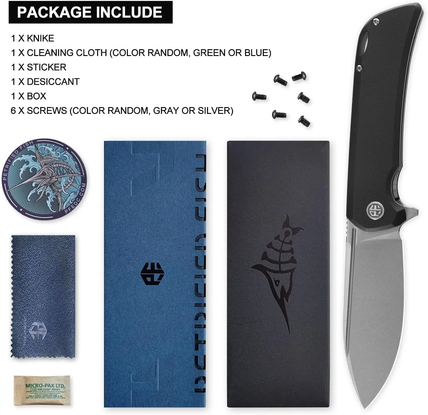 Petrified fish PFB05 Tunny Folding Knife,3.86" 14C28N Steel Stonewashed Blade G10 Handle Folding knife for EDC Camping Outdoor (Black Stonewashed)