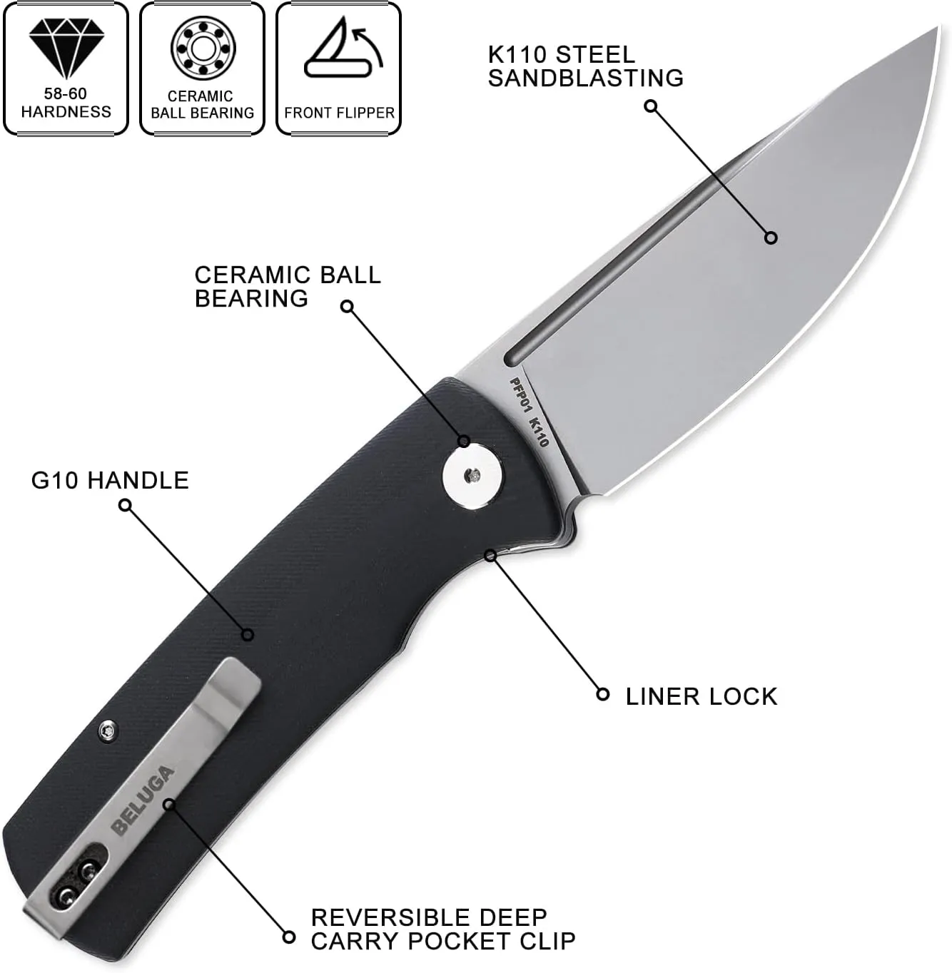 Petrified fish PFP01 k110 steel folding knife G10 handle Front flipper outdoor Camping survival hunting EDC tool knives (Black)