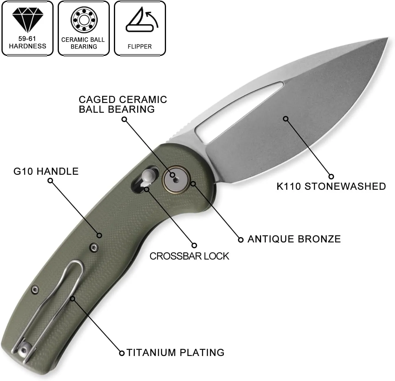 Petrified fish PFP13 Viper Folding Knife,3.5" K110 Steel Stonewashed Blade G10 Handle Pocket Knife for Camping EDC Outdoor (Green Stonewashed)