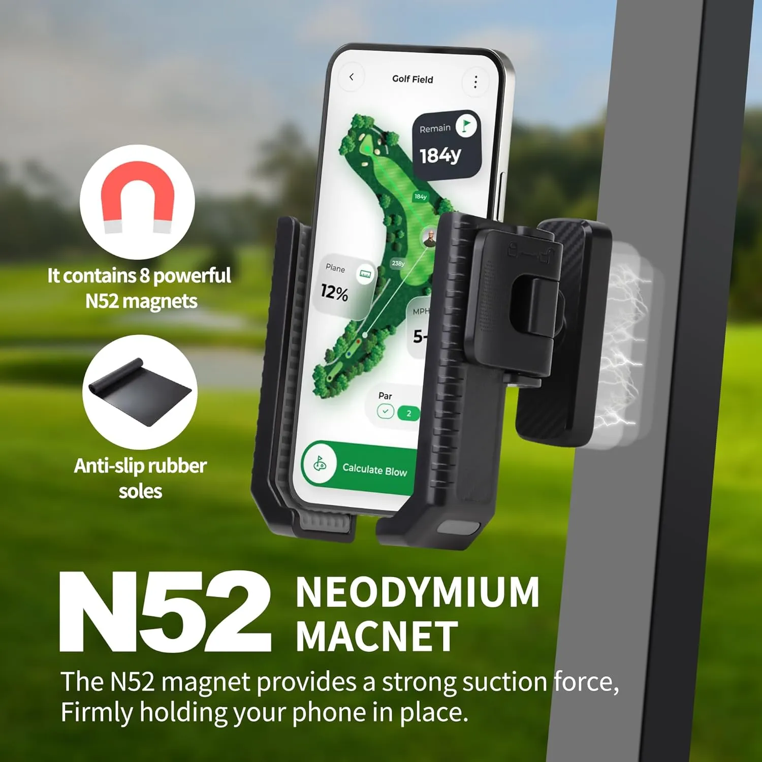Phone Holder for Golf Cart - Magnetic Golf Cart Phone Holder with Ultra-Strong N52 Magnet & 360° Rotation, Universal Fit for Smartphones/Thick Cases - Secure Hands-Free Golf Accessories (Gray)