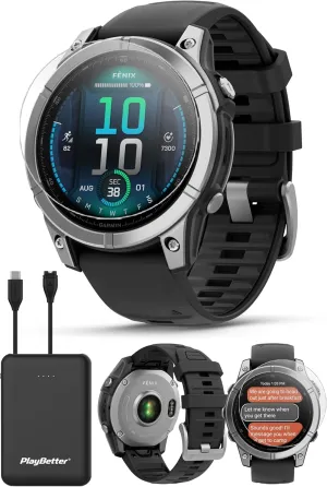 PlayBetter Garmin Fenix E (Stainless Steel/Black) Premium Multisport GPS Smartwatch Bundle - AMOLED Display, Long Battery Life, Strength Workouts 5000mAh Portable Charger & HD Screen Protectors