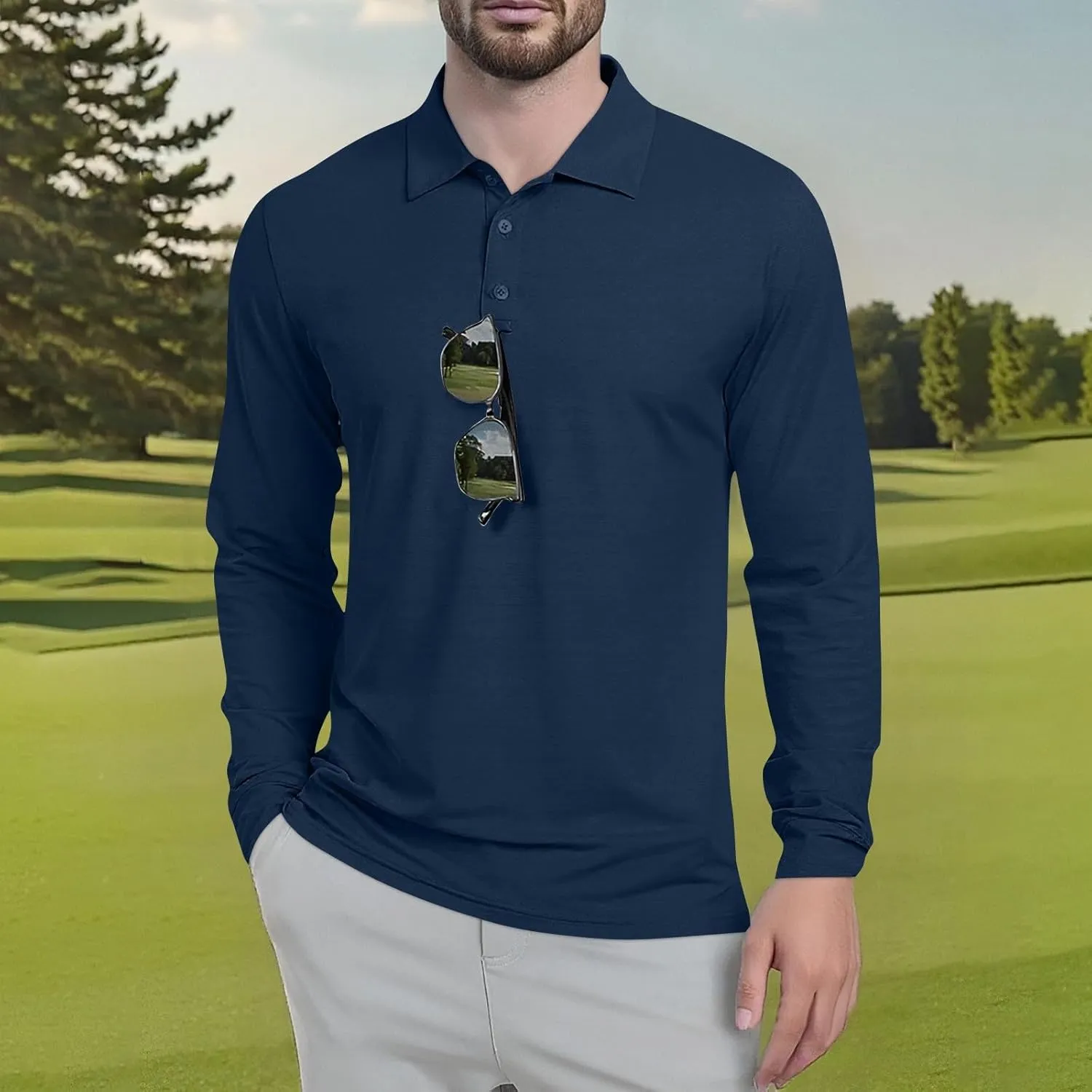 Polo Shirts for Men Long Sleeve Golf Shirts UPF 50  Sun Protection Ice Silk Cool Shirts for Work Fishing Outdoor