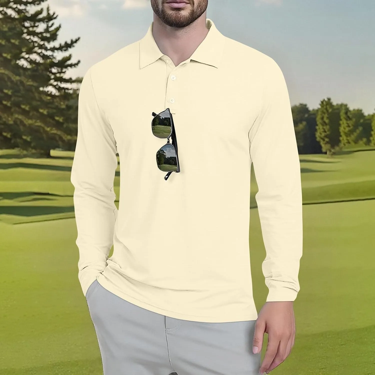 Polo Shirts for Men Long Sleeve Golf Shirts UPF 50  Sun Protection Ice Silk Cool Shirts for Work Fishing Outdoor