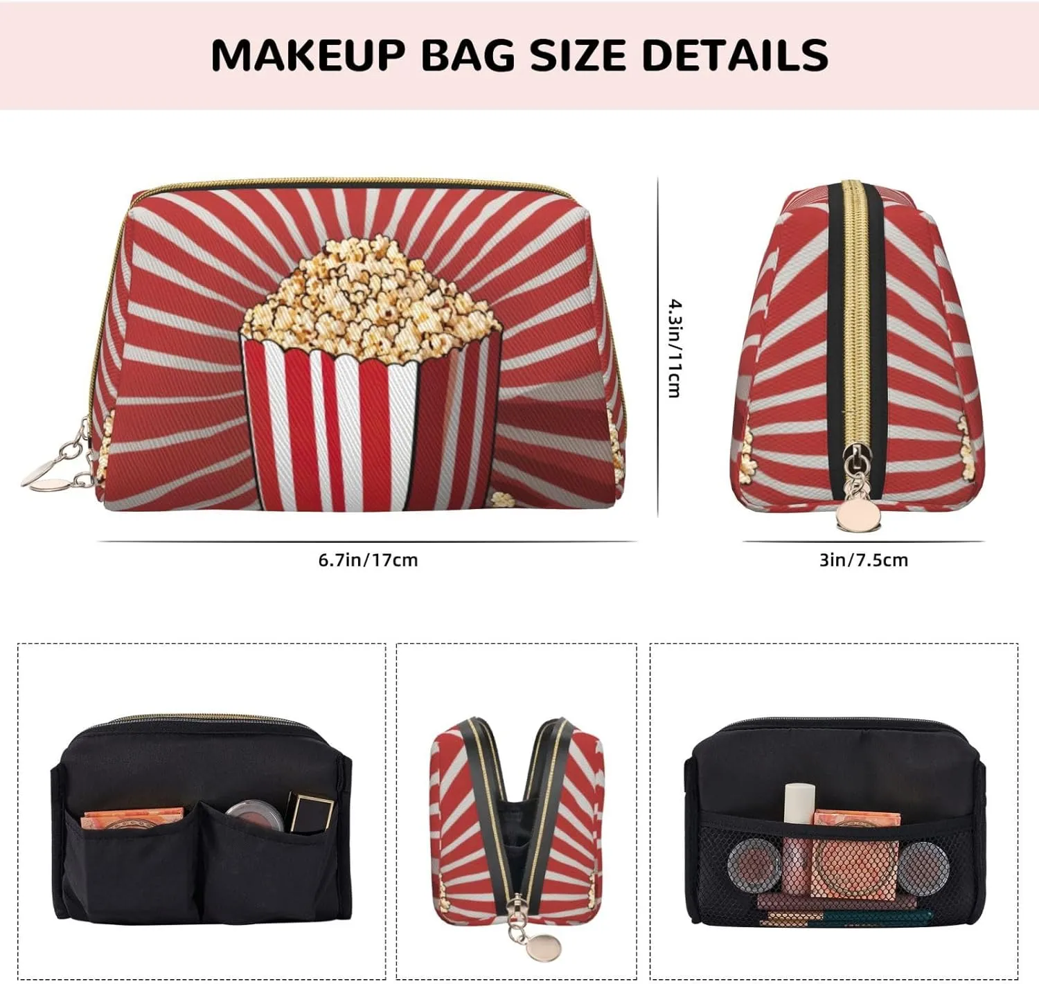 Popcorn Print Toiletry Pouch, Travel-Friendly Makeup Organizer For Makeup Brushes, Lipsticks