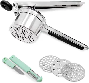 Potato Ricer Stainless Steel - Professional 15 Oz Potato Masher Kitchen Tool With 3 Interchangeable Discs, & 3 in-1 Veggie Potato Peeler Gadget. Make Perfect Mashed Potatoes Every Time