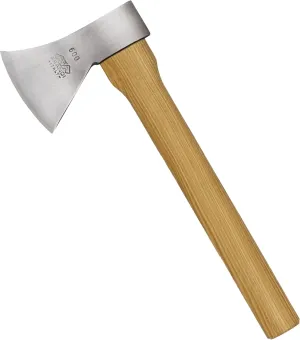 Prandi Axes German C45 Forged Carbon Steel Throwing Hatchet - Hickory Handle with Leather String - for Competitions and Practice - S/N 3T.003.06.CHS - 14" L x 6" W, 600g Polished Head, No Sheath