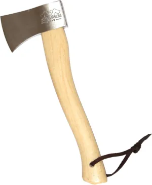 Prandi Axes Yankee C45 Forged Carbon Steel Hatchet - Hickory Handle with Leather String - Ideal for Camping, Travel and Bushcraft - S/N 3.043.06.CH - 15" L x 5.31" W, 600g Polished Head, No Sheath