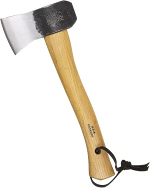 Prandi Axes Yankee C45 Forged Carbon Steel Hatchet - Hickory Handle with Leather String - Ideal for Camping, Travel and Bushcraft - S/N 3.051.05.TH - 13" L x 5.2" W, 500g Polished Head, No Sheath