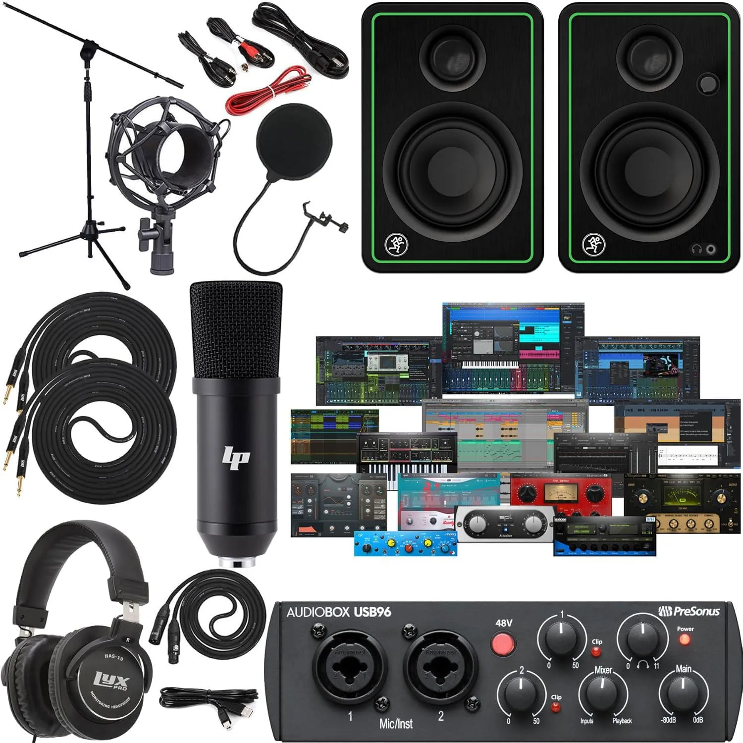 Presonus AudioBox 96 Audio Interface (May Vary Blue or Black) Full Studio Bundle with Studio One Artist Software Pack w/Mackie CR3 Pair Studio Monitors and 1/4” Instrument Cables, Usb