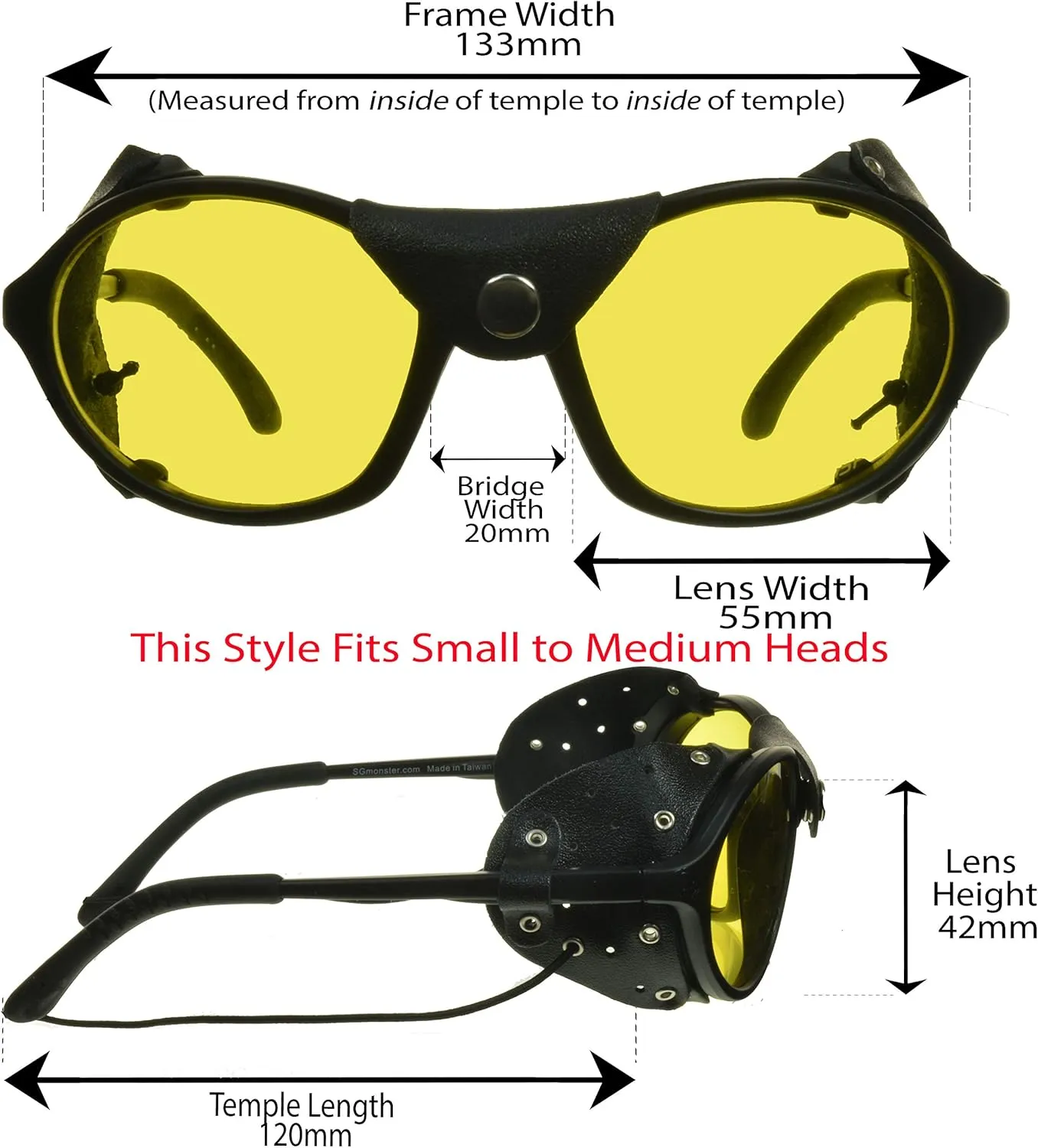 proSPORT Glacier Sunglasses Leather Side Shields for Motorcycle Mountaineering Ski, Yellow Night Vision Lenses HD Lens String