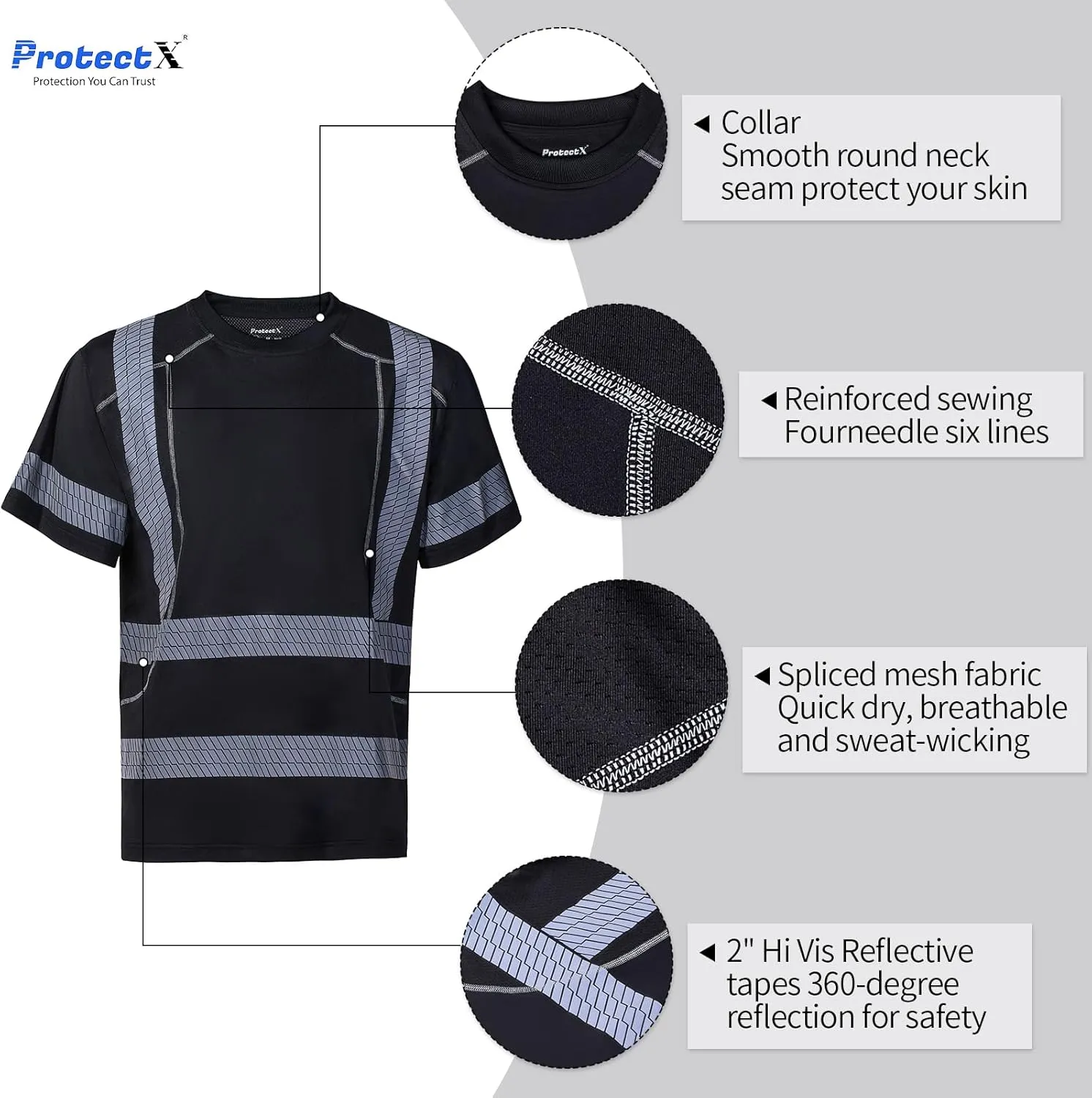 ProtectX High Visibility Short Sleeve Reflective Safety T-Shirt, Men's Heavy Duty Breathable Hi Vis Shirts, Class 2 Type R