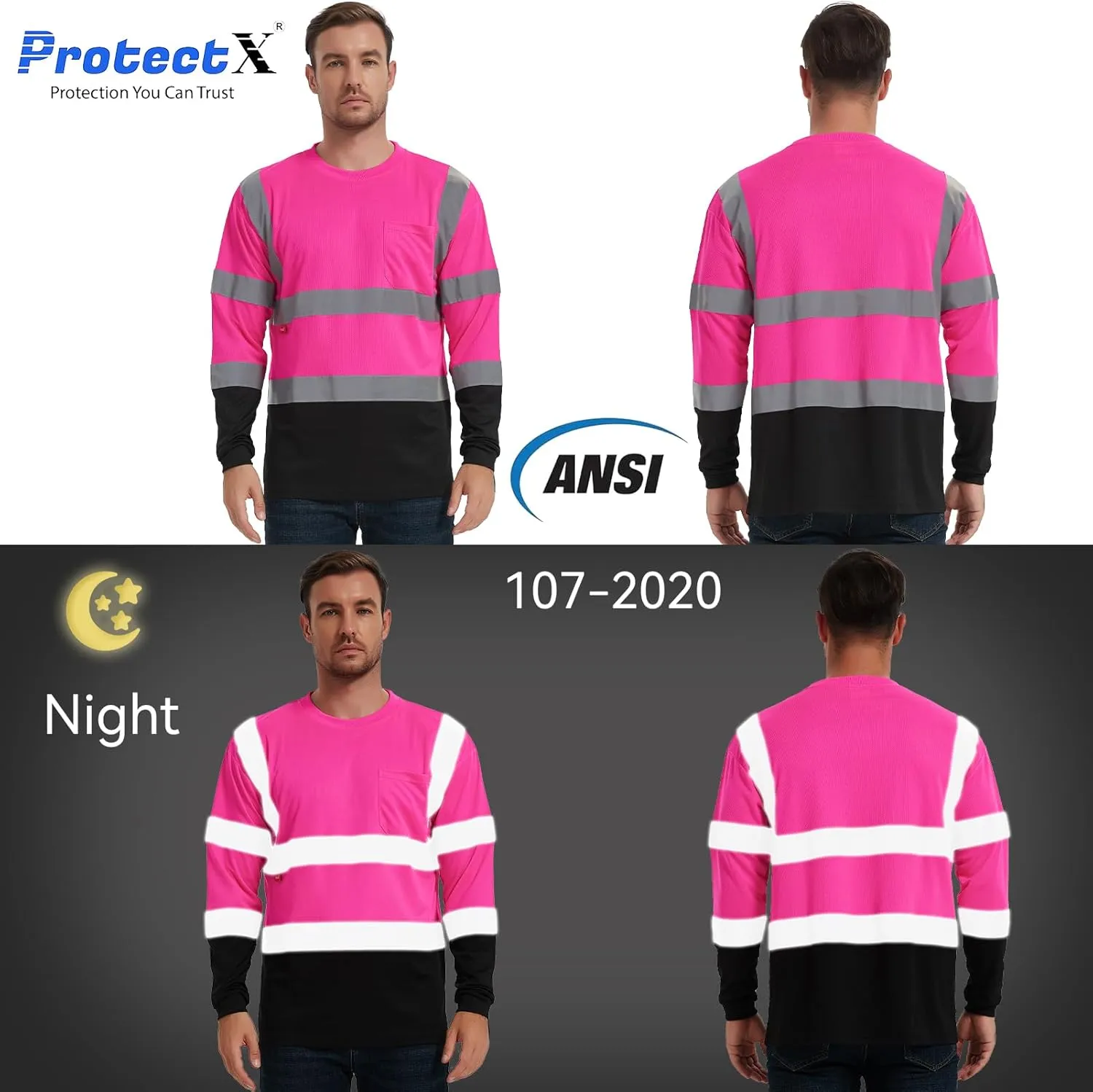 ProtectX Men's High Visibility Heavy Duty Long Sleeve Reflective Safety T-Shirts for Construction, Class 2-3 Type R
