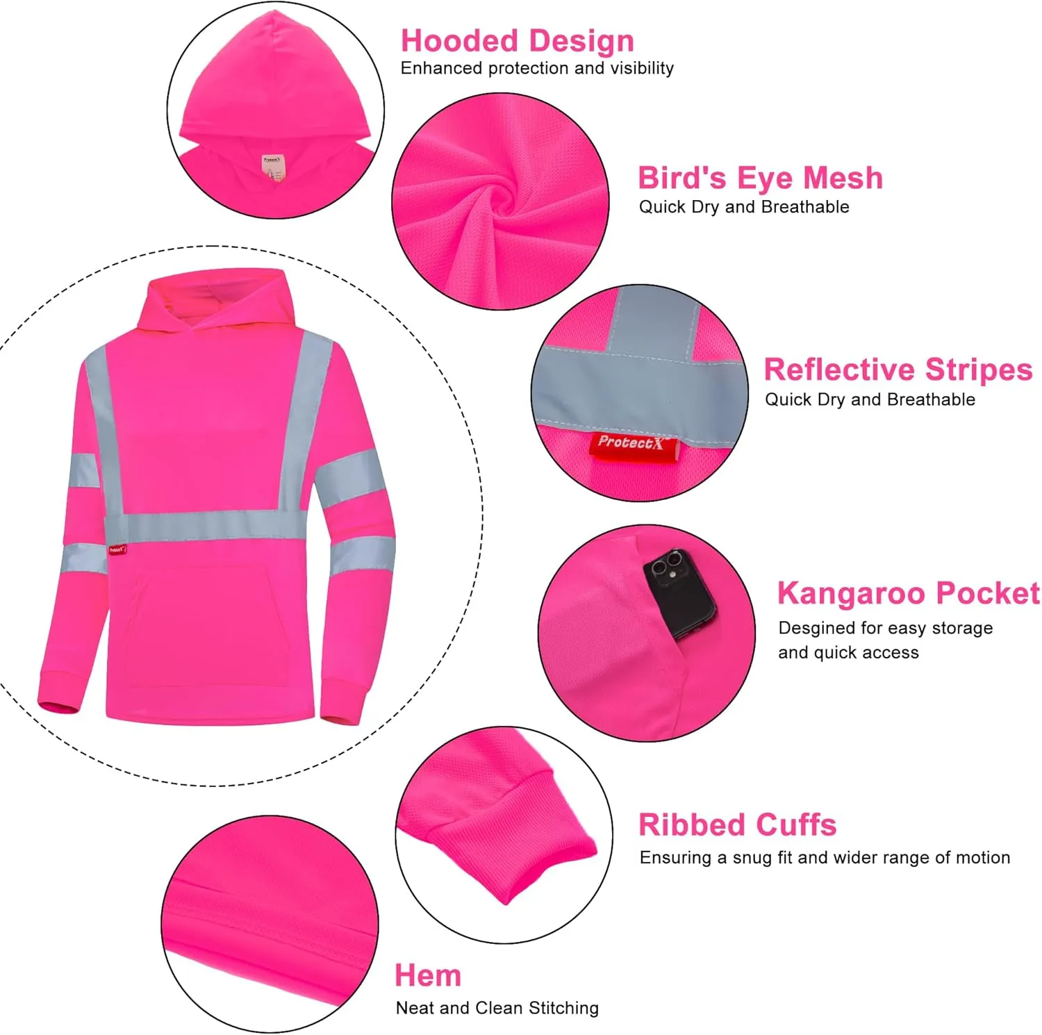 ProtectX Men's High Visibility Heavy Duty Long Sleeve Reflective Safety T-Shirts for Construction, Class 2-3 Type R