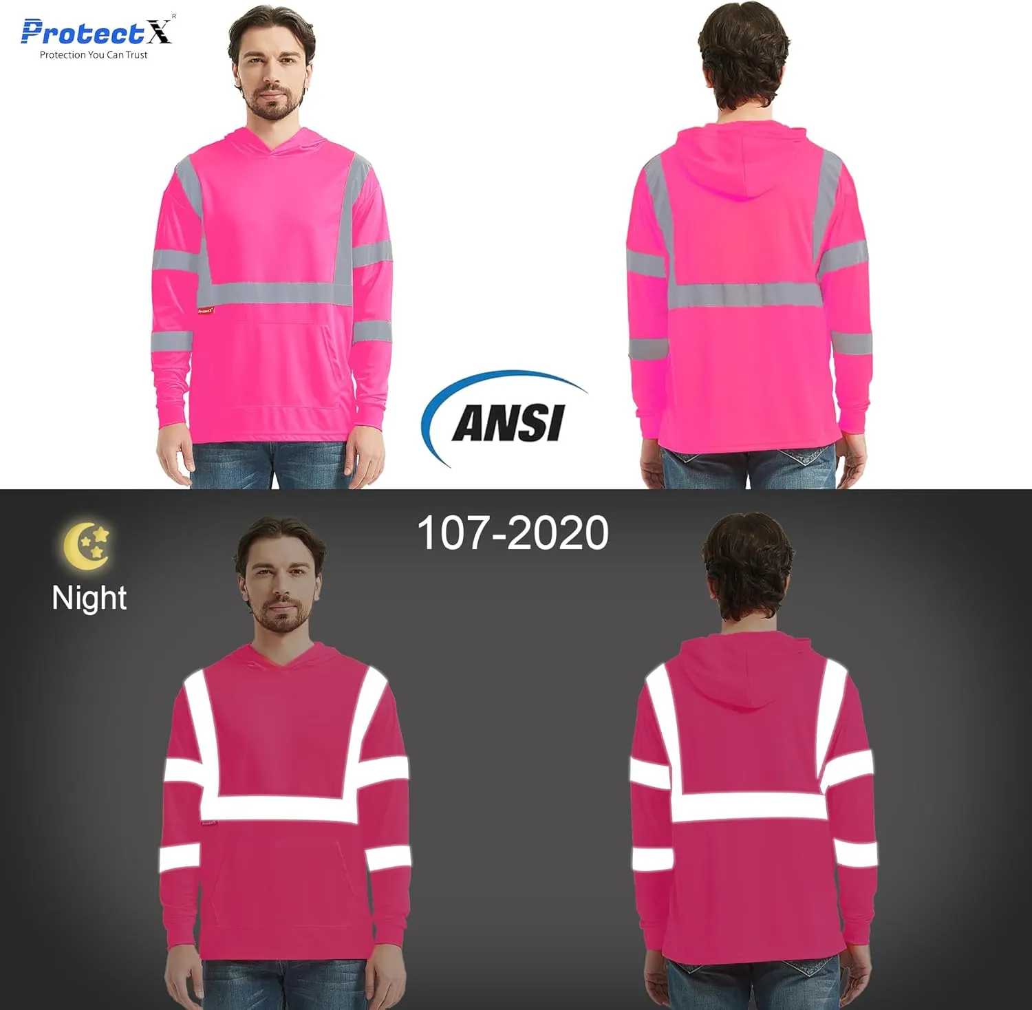 ProtectX Men's High Visibility Heavy Duty Long Sleeve Reflective Safety T-Shirts for Construction, Class 2-3 Type R