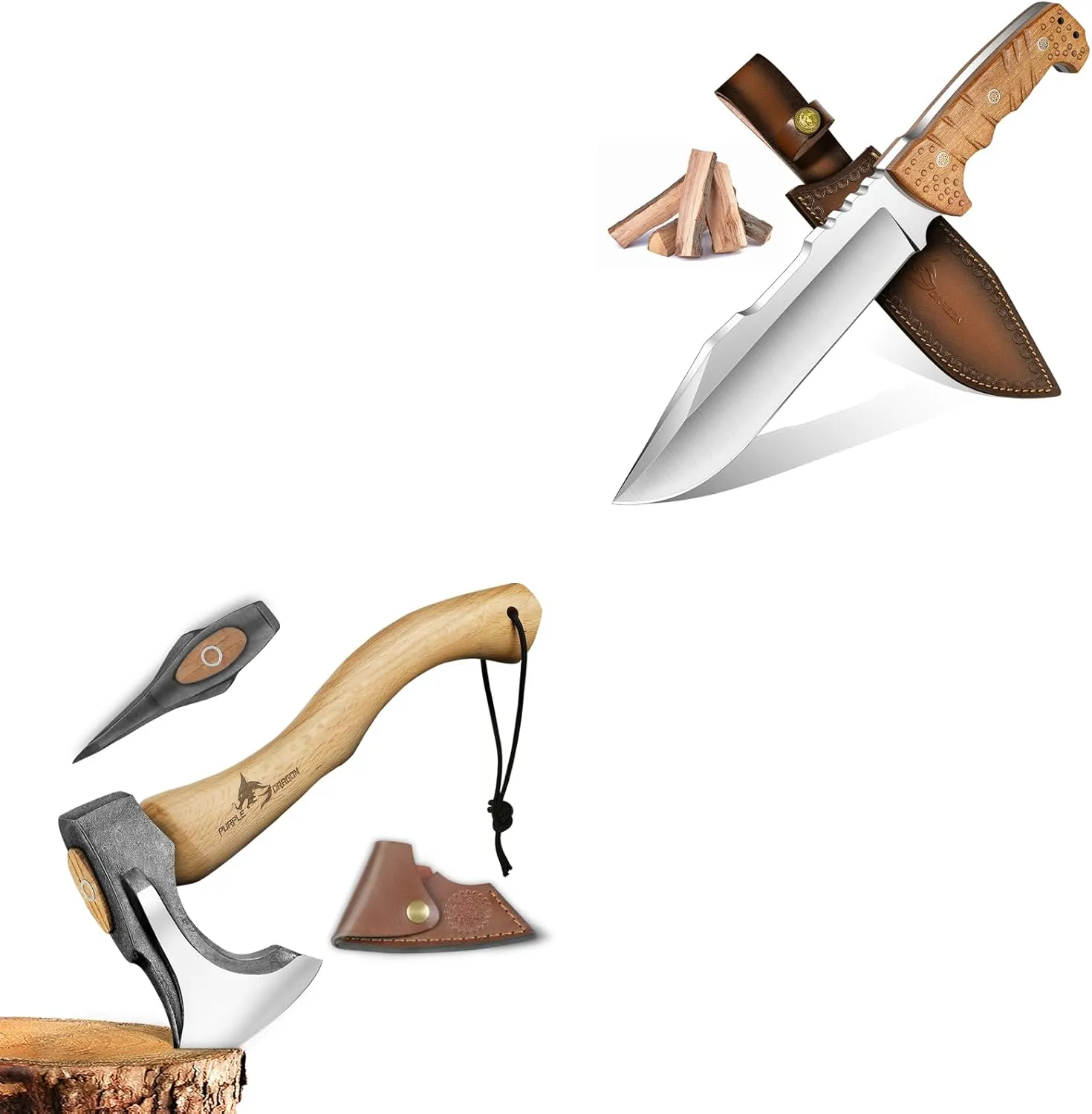 Purple Dragon Camping Hatchet 14.7 Inch, Machete for Cutting Trees Heavy Duty Wood Handle