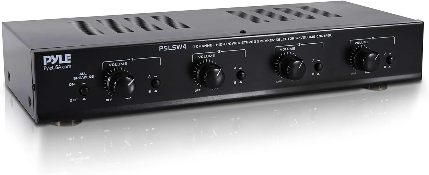 Pyle 4 Channel Speaker Selector Switch - Multi Zone A B Speaker Distribution Controller Box w/Independent Audio Source Volume Control, Supports Home Theater Stereo Amplifier Receiver System - PSLSW4