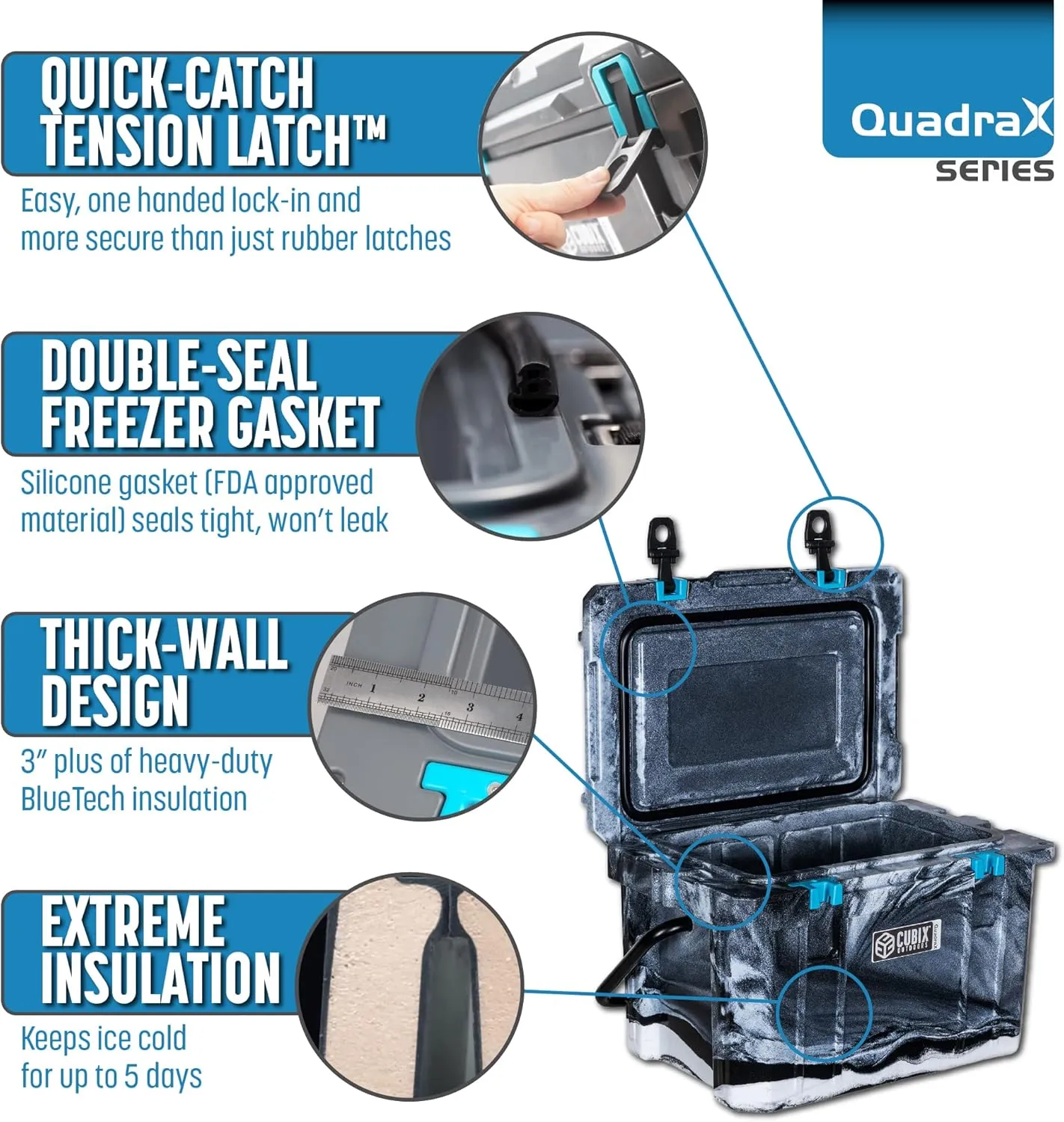 QuadraX 20 QT Rotomolded Cooler - 5-Day Ice Retention, Portable Hard Coolers Ice Chest with Cup Holders