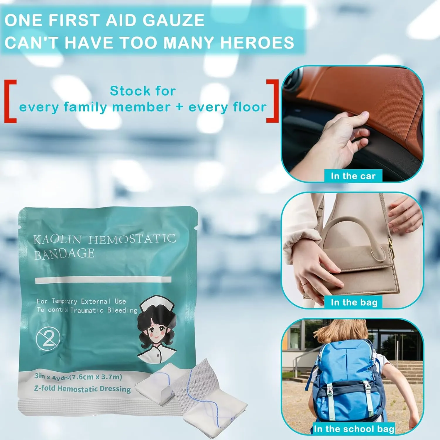 Quick Clot Gauze, First Aid Advanced Stop The Bleed Kit Combat Flexible Hemostatic Gauze-Bleed Stop Faster Wound Packing Medical,Survival Kit Supplies (3" x 12.5) (3)