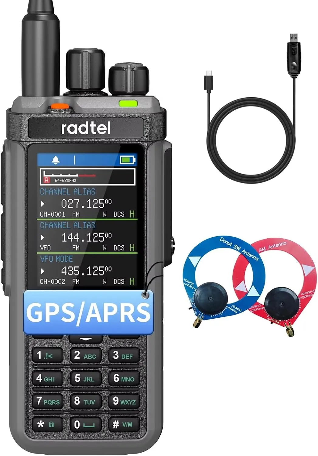 Radtel RT-880G GPS APRS 10w Ham Radio Walkie Talkie Portable CB Radio 1024 Channels HF SSB Rx with Cross-Band Repeater, 2.4 Inch Color Display with Programming Cable SW/MW Antenna