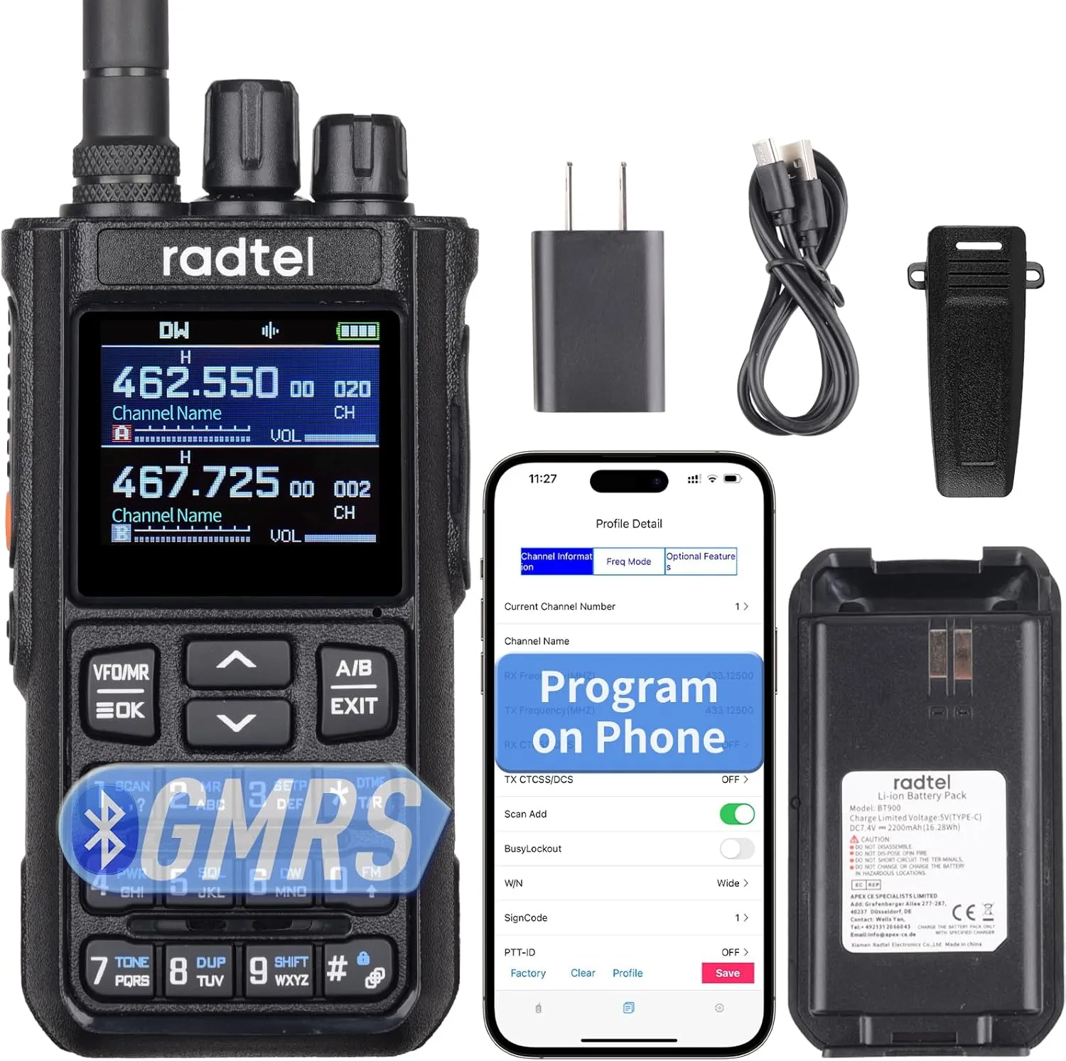 Radtel RT-900 GMRS Radio 8W Long Range Handheld Walkie Talkie - 256 Channels, Air Band,NOAA Weather Receiver & Scanner, Aviation, Two-Way Radio Phone App Programmed via Bluetooth
