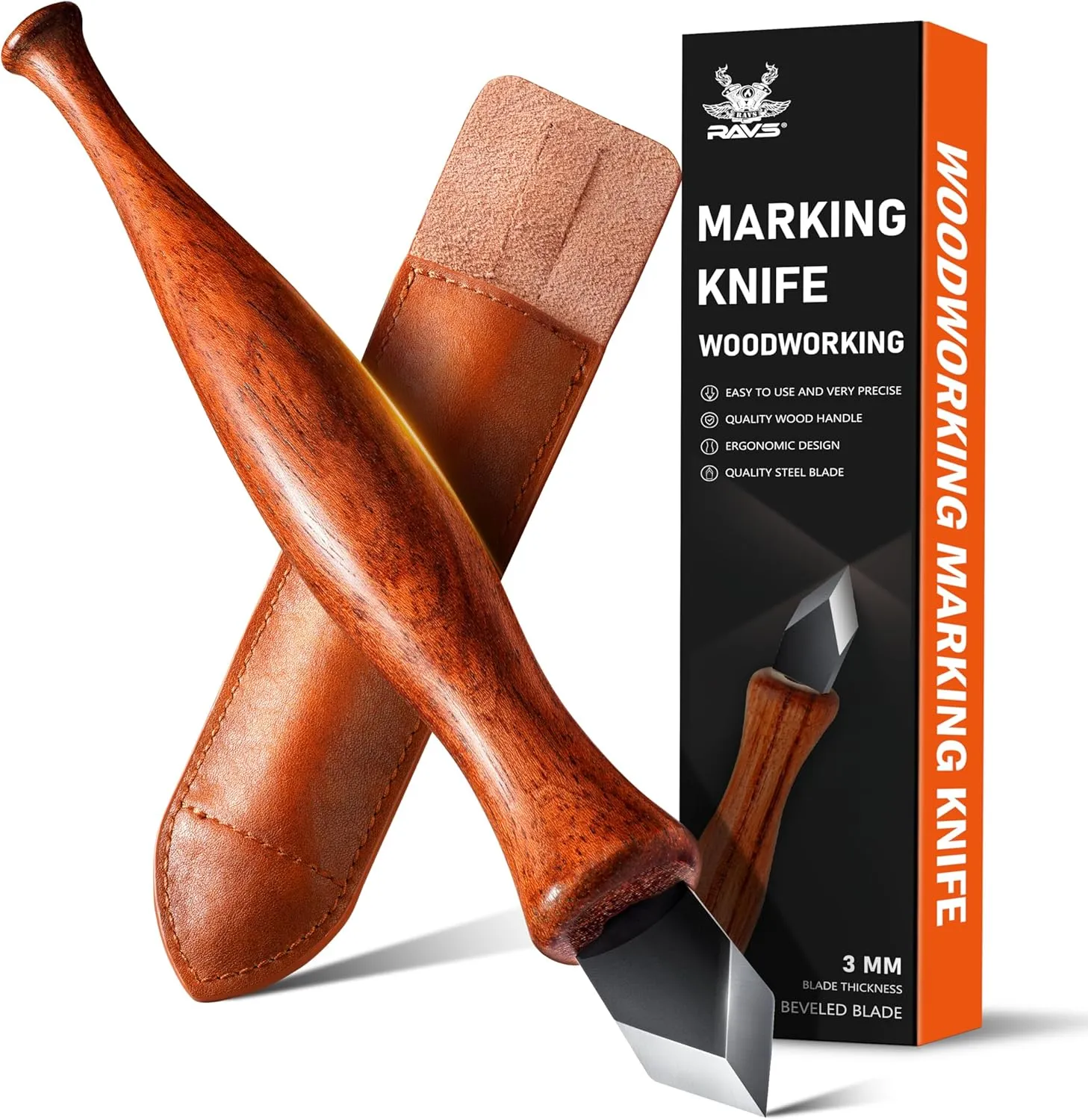 RAVS Marking Knife Woodworking and Leather Sheath, Double Bevel Striking Woodworking Marking Knife, Rosewood Handle Scribing Knife with Leather Sheath for Knife, Wood Marking Knife for Carving