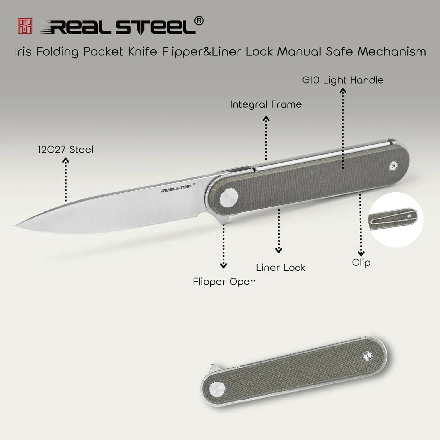 REALSTEEL IRIS Pocket Knife, Folding Knife, Flipper, Liner Lock, 2.99" 12C27 Steel Blade, Lightweight G10 Handle, 1.74oz, Deep-carry Pocket Clip, EDC Outdoor Indoor, Gifts for Men Women Camping Hiking Climbing Fishing (OD Green G10)