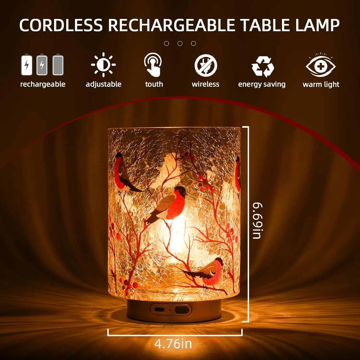 Rechargeable Battery Table Lamp Timer, Handmade Crackle Glass Lamps with Two-Level Dimmer, Emergency Cordless Lamp for Area No Plug, Decorative Mood Light for Entryway/Corner/Bedroom/Bathroom(Red)