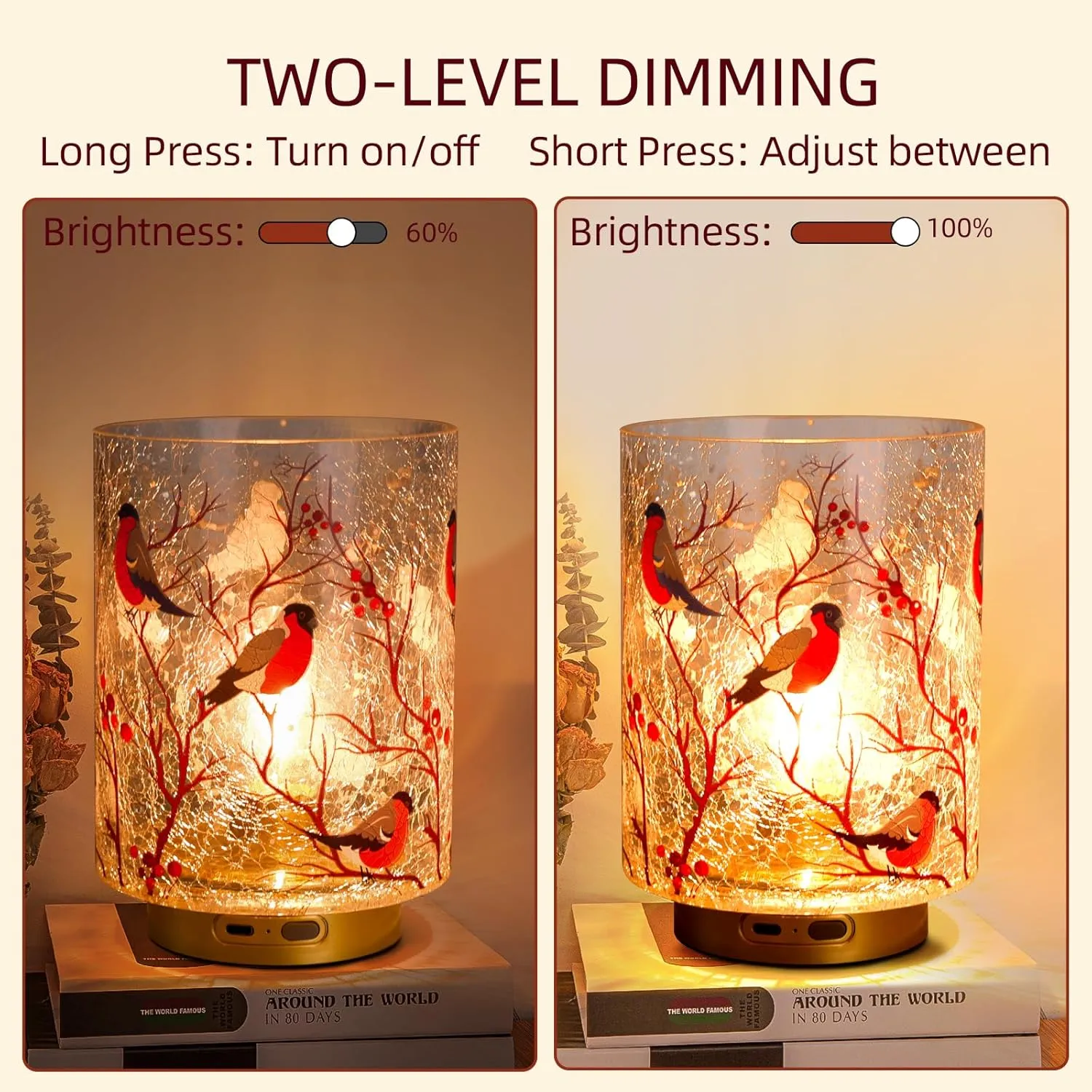 Rechargeable Battery Table Lamp Timer, Handmade Crackle Glass Lamps with Two-Level Dimmer, Emergency Cordless Lamp for Area No Plug, Decorative Mood Light for Entryway/Corner/Bedroom/Bathroom(Red)