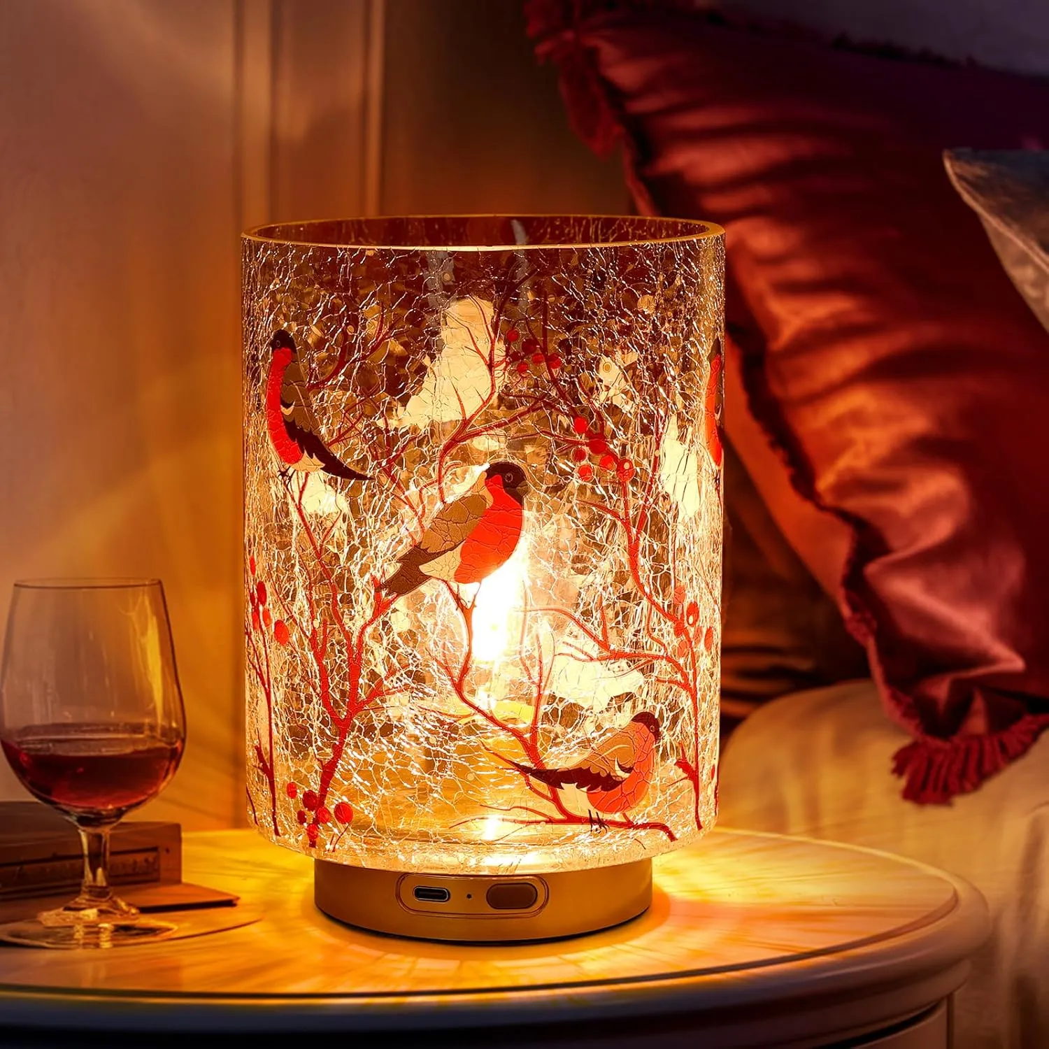 Rechargeable Battery Table Lamp Timer, Handmade Crackle Glass Lamps with Two-Level Dimmer, Emergency Cordless Lamp for Area No Plug, Decorative Mood Light for Entryway/Corner/Bedroom/Bathroom(Red)
