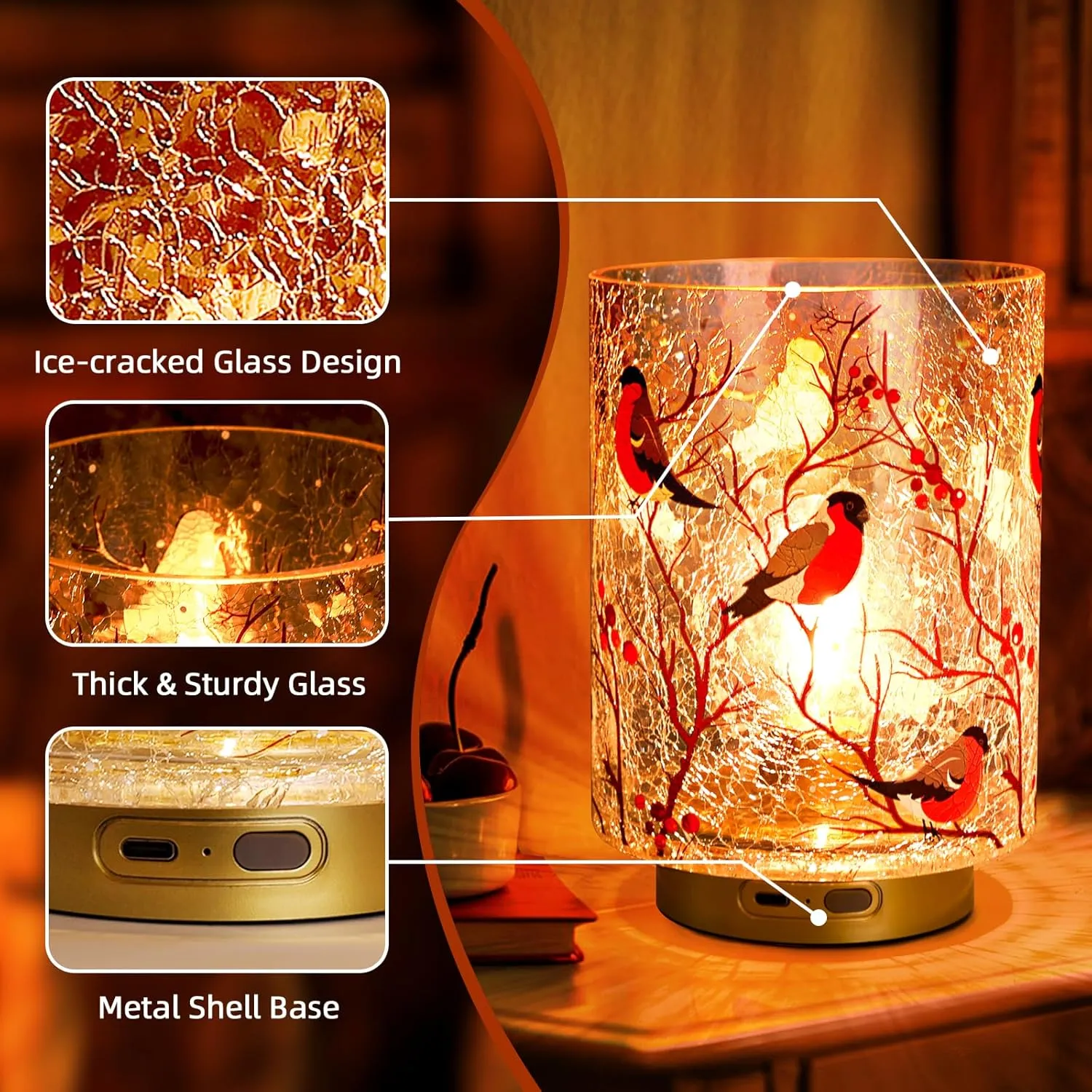 Rechargeable Battery Table Lamp Timer, Handmade Crackle Glass Lamps with Two-Level Dimmer, Emergency Cordless Lamp for Area No Plug, Decorative Mood Light for Entryway/Corner/Bedroom/Bathroom(Red)