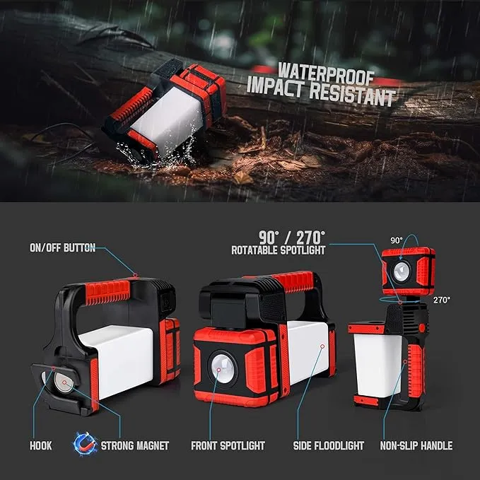 Rechargeable Spotlight, 2000Lumens 270°Rotatable Handheld LED Flashlight Spotlight, Long Lasting Searchlight with Floodlamp, Portable Charger Lantern Flashlight for Farm, Camping, Boat
