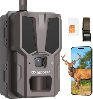 RECOTAC Sense Cellular Trail Camera - 32MP 2.2K HD Game Camera with AI Photo Upscaling via App Auto Connect 4G,No Glow IR Night Vision Motion Activated 0.2s Trigger Time Trail Cam for Outdoor Wildlife