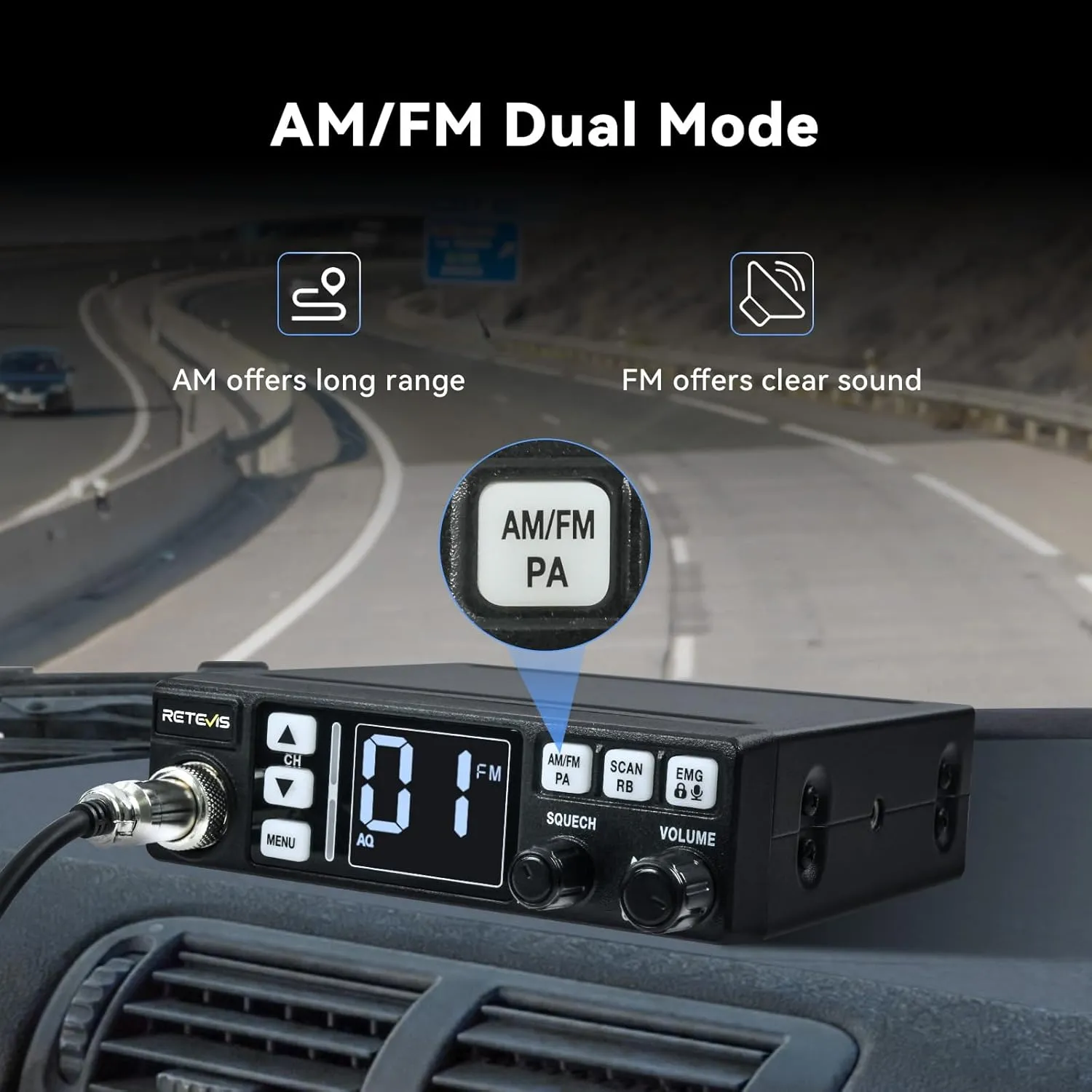 Retevis MB3 Dual-Mode AM/FM CB Radio, Public Address (PA) Function, Automatic Noise Limiter, 40-Channel Fixed-Mount, Easy to Operate, External Speaker Jack for Truckers Long Range