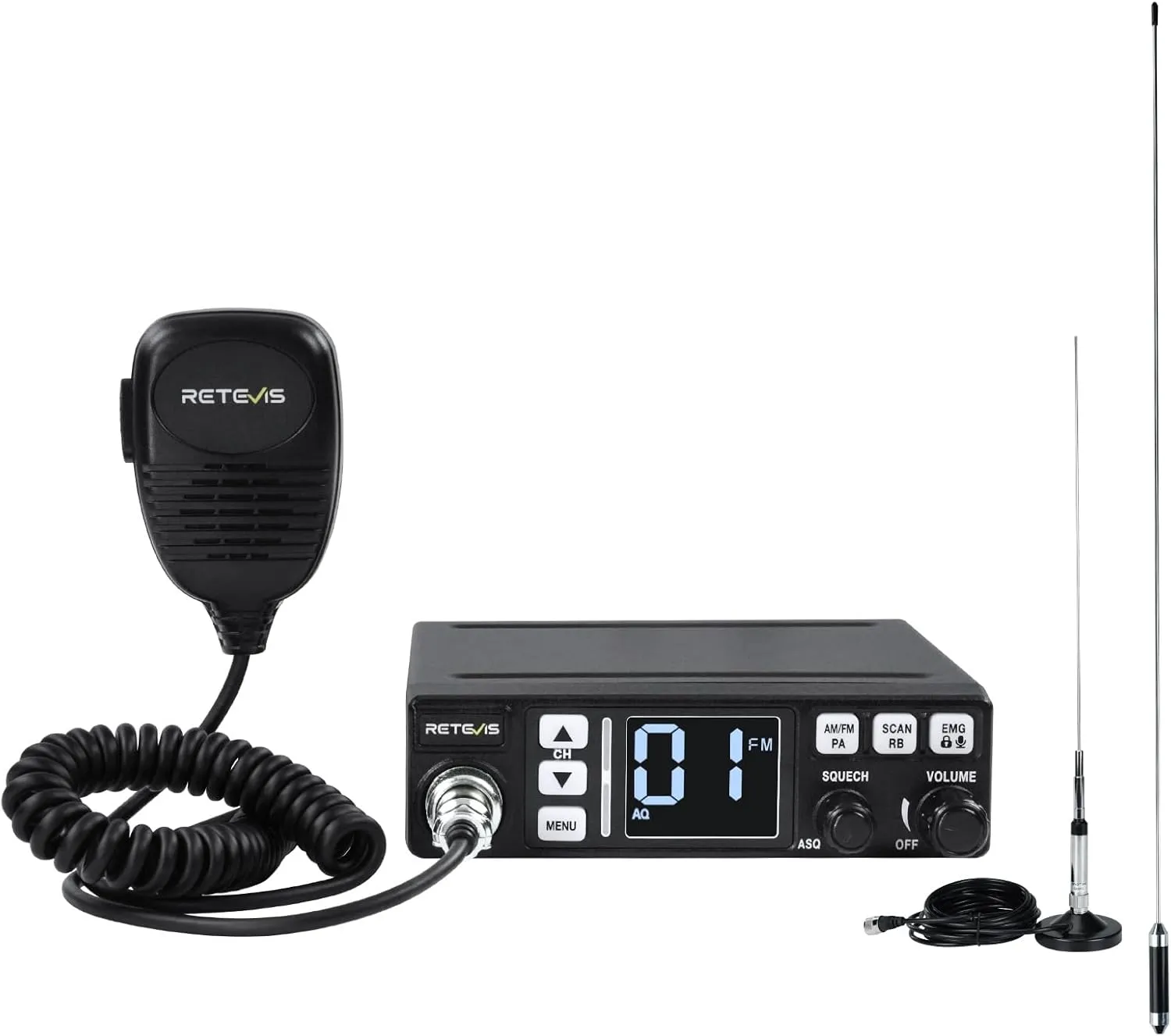 Retevis MB3 Portable CB Radio Kit with Antenna, AM/FM, PA Function, Automatic Noise Limiter, Long Range, Emergency Channel 9/19, VOX, 40-Channel Fixed-Mount for Truckers