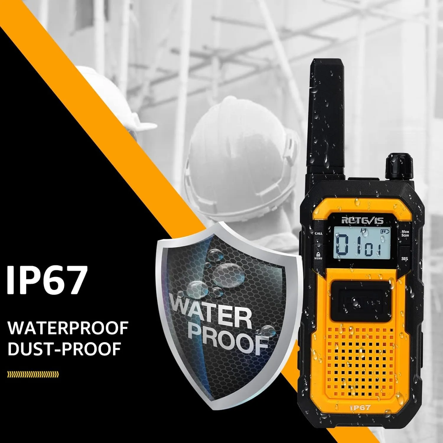 Retevis RB48 Heavy Duty Walkie Talkies, Waterproof Two Way Radio, Advanced Triple Proof, 2000 mAh, Emergency, 2 Way Radio Long Range for Job Site (4 Pack) Yellow