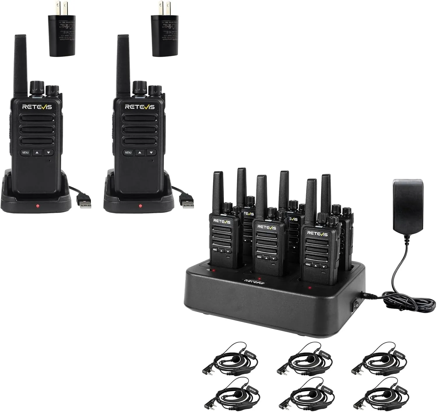 Retevis RT68B Walkie Talkies with Earpiece 6 Pack Bundle RT68B Long Range Walkie Talkies for Adults 2 Pack 16 Channels, 30H Battery, FRS Two-Way Radios, 6-Way Charger, VOX, Long Range, Rugged & Water