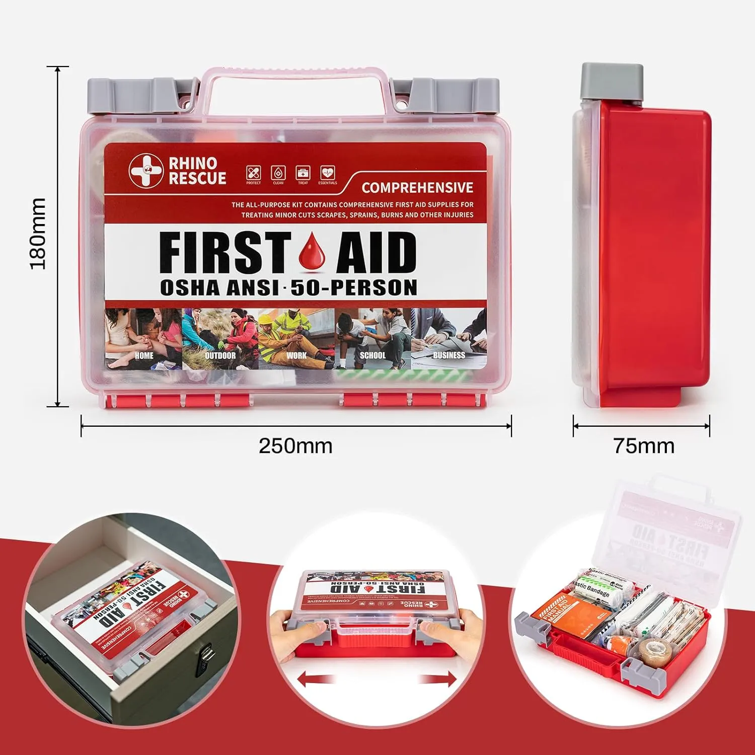 RHINO RESCUE 266 Pieces All-Purpose First Aid Kit, Home & Office Emergency Medical Supplies, Ideal for School, Car, Outdoor, Travel & Camping FSA HSA Eligible